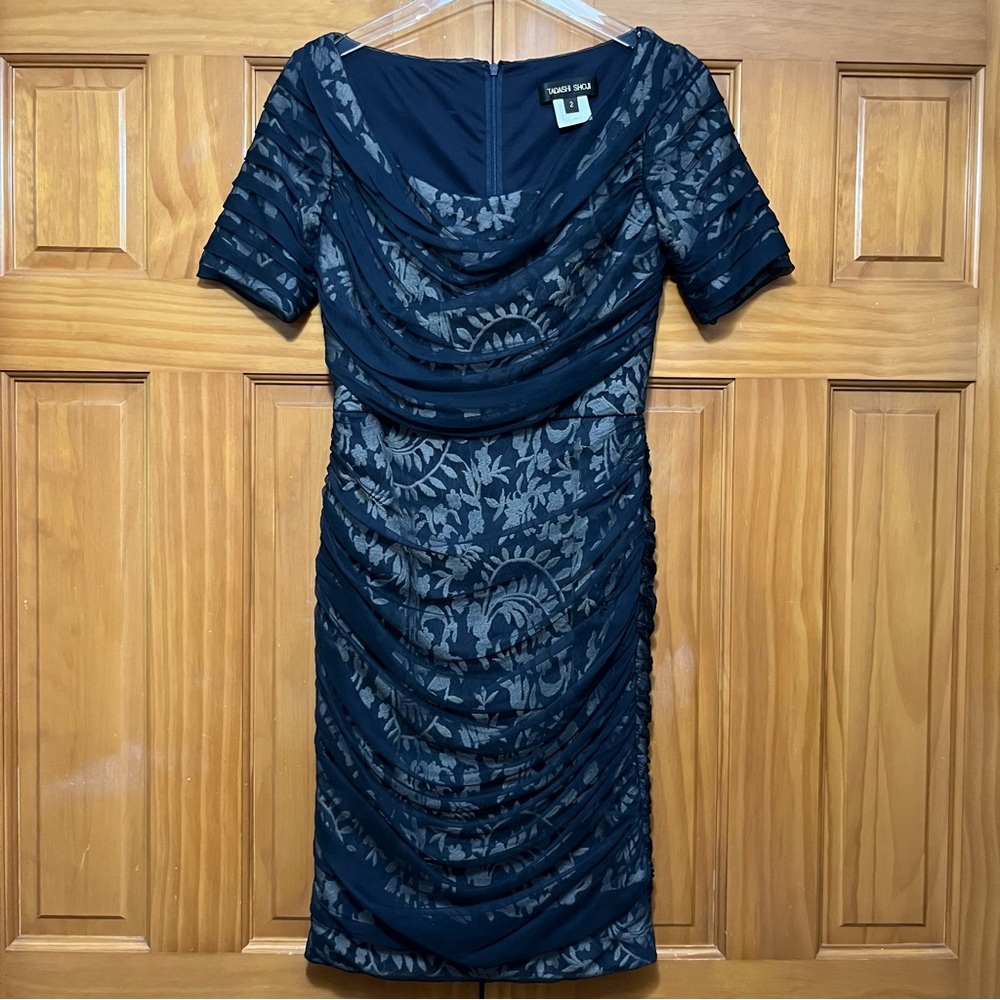 Tadashi Shoji Silk Blue Ruched Cowl Neck Midi Dress